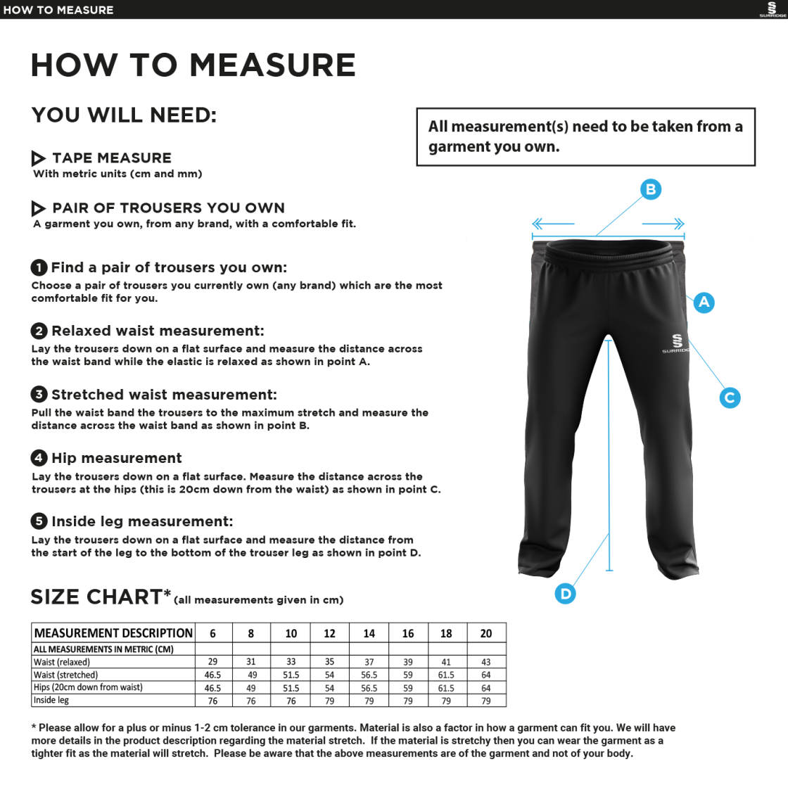 Southwell CC - Women's Ripstop Track Pant - Size Guide