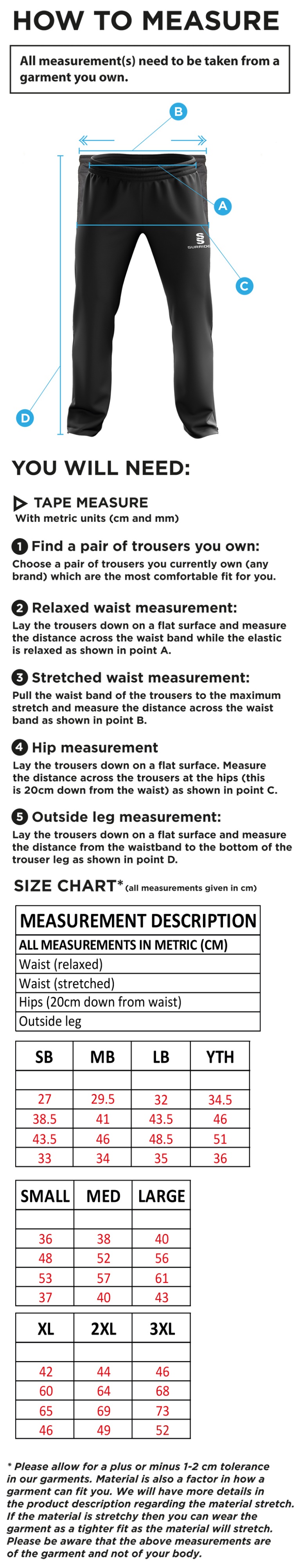 Southwell CC - Ripstop Track Pant - Size Guide