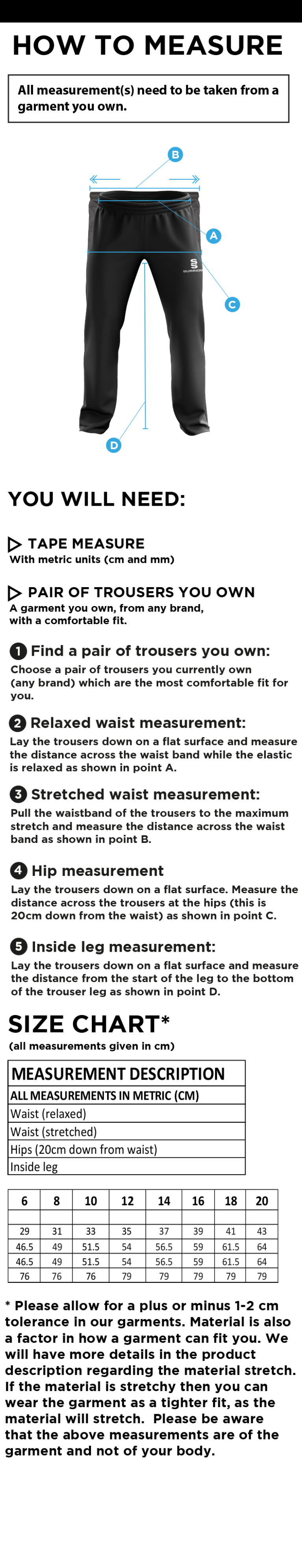 Southwell CC - Women's Ripstop Track Pant - Size Guide