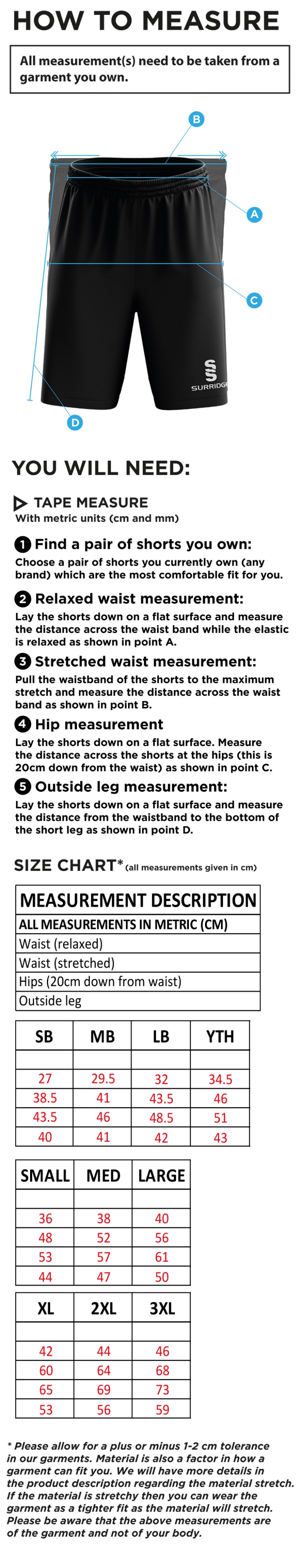 Southwell CC - Ripstop Short - Size Guide