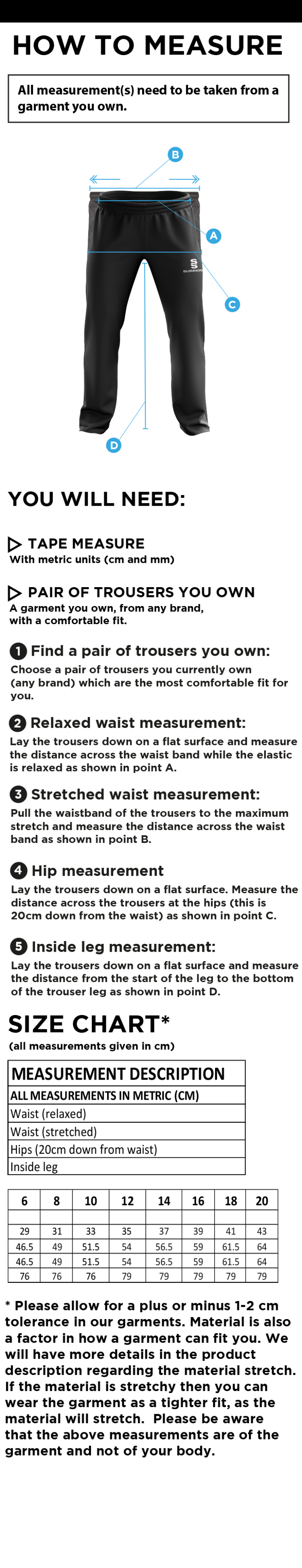 Southwell CC - Classic Tracksuit Pant 3/4 Zip Length - Women's Fit - Size Guide