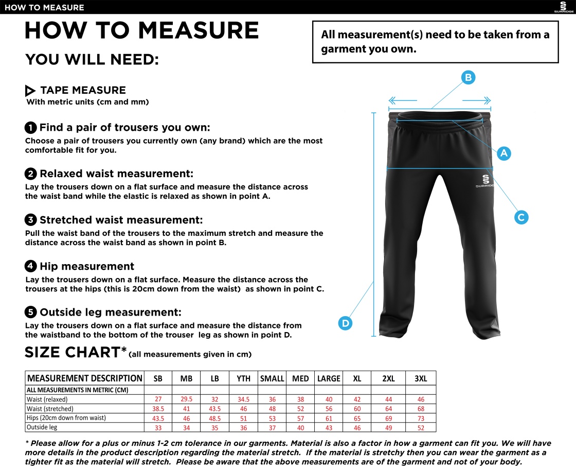 Southwell CC - Ripstop Track Pant - Size Guide