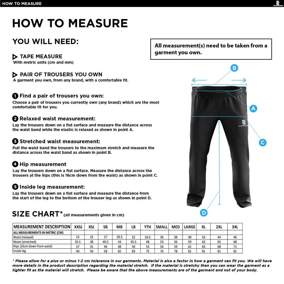 Southwell CC - Poplin Track Pant - Size Guide