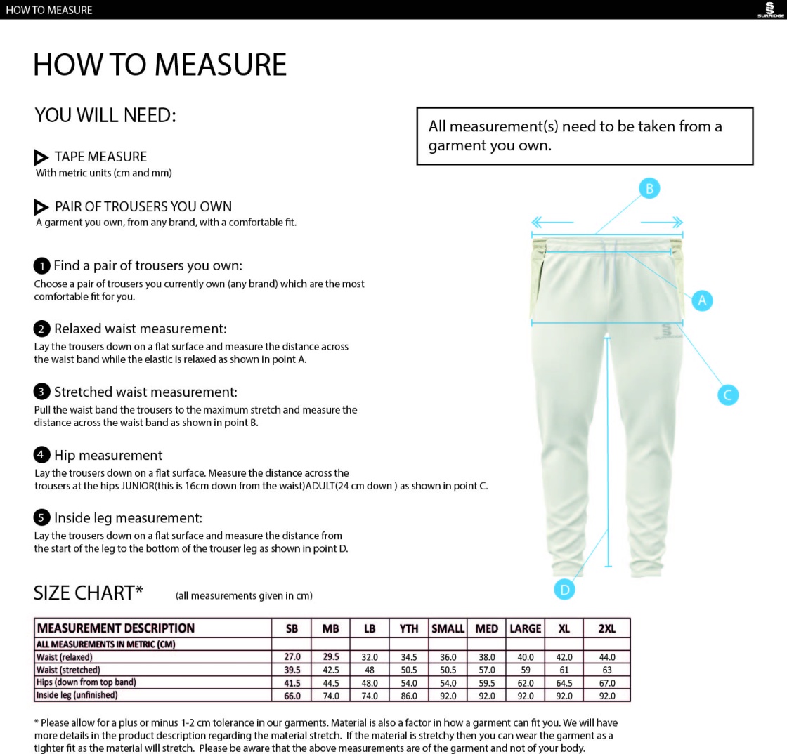 Southwell CC - Tek Playing Pant - Size Guide