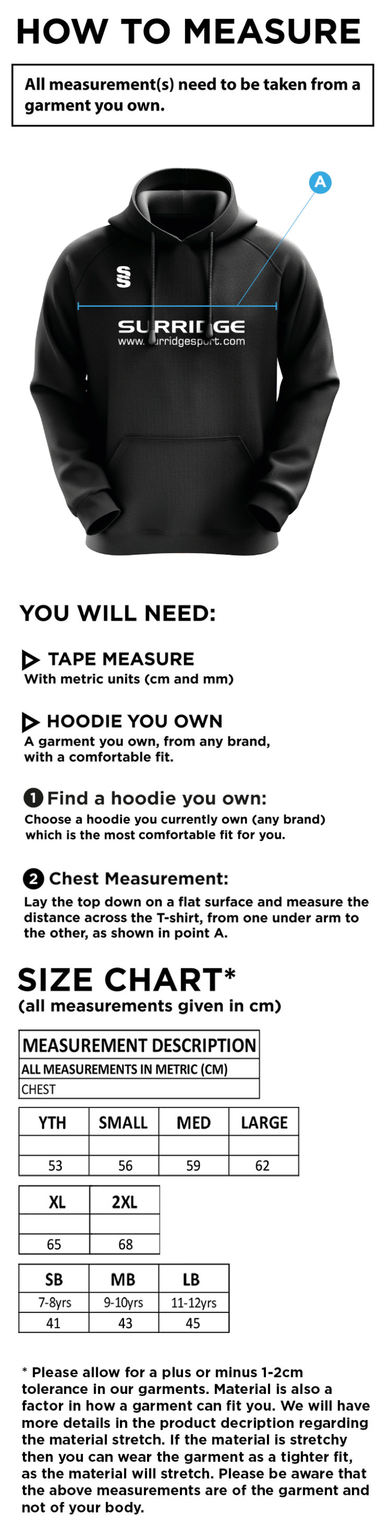Southwell CC - Blade Hoody Plain - Size Guide