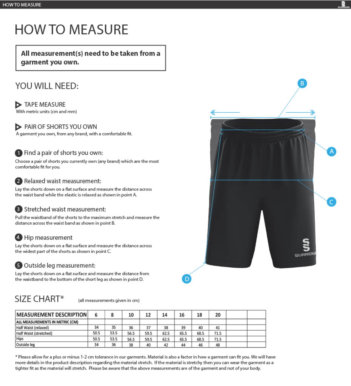 Southwell CC - Women's Ripstop Short - Size Guide