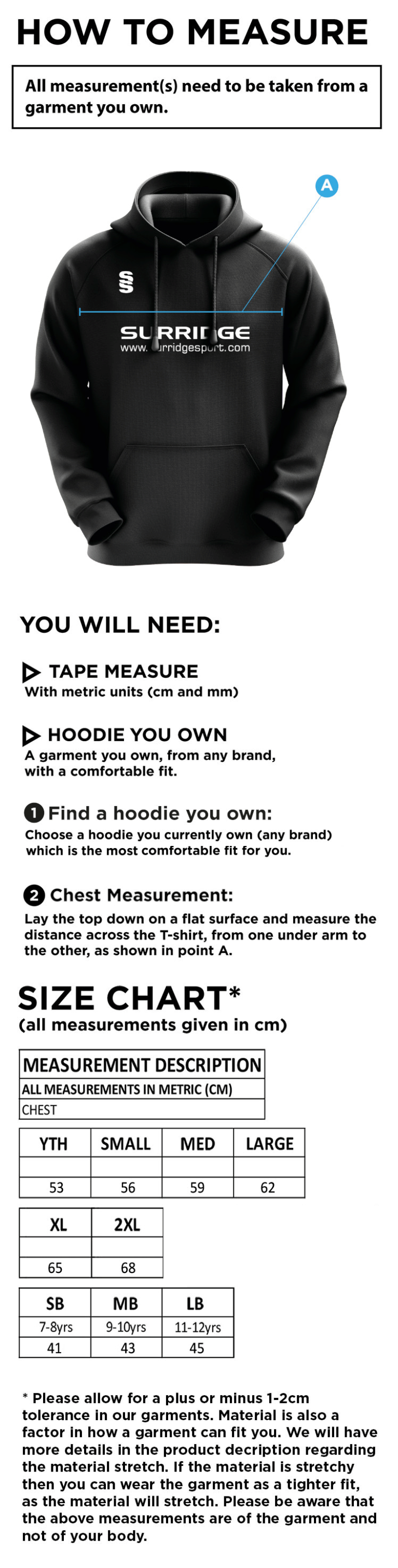 Southwell CC - Blade Hoody - Size Guide