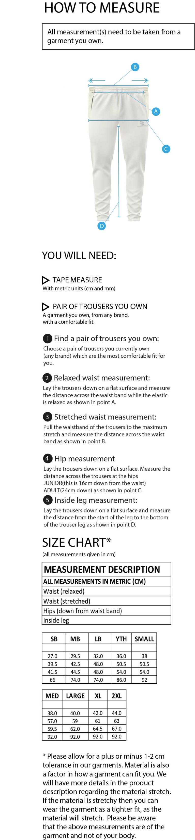 Southwell CC - Tek Playing Pant - Size Guide