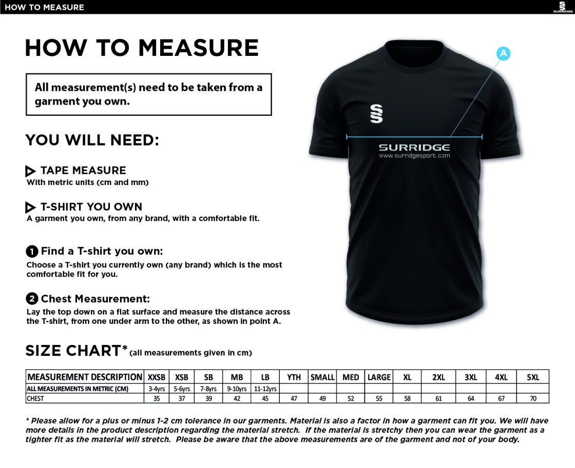 Southwell CC - Fuse Training Shirt : Navy / White - Size Guide